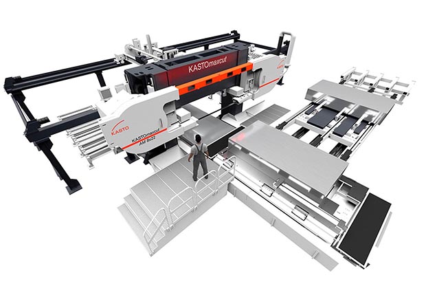KASTOmaxcut AM 8x22 – auf Wunsch vollautomatische Blockzuführung und Plattenentsorgung, wirtschaftliche Komplettlösung für die Aluminiumverarbeitung.