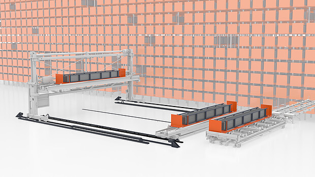Automated material feeding system with roller conveyors and long goods magazine