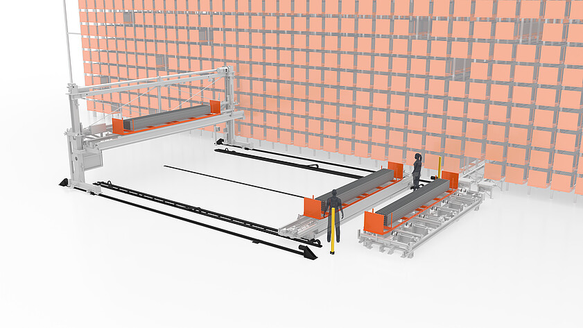 Automated material feeding system with roller conveyors and long goods magazine