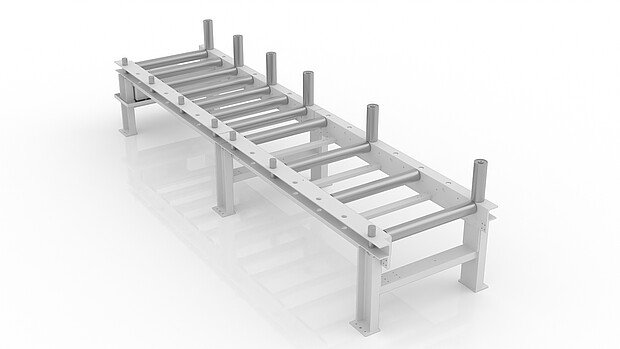 Roller conveyor with vertical guides for safe storage of steel bars