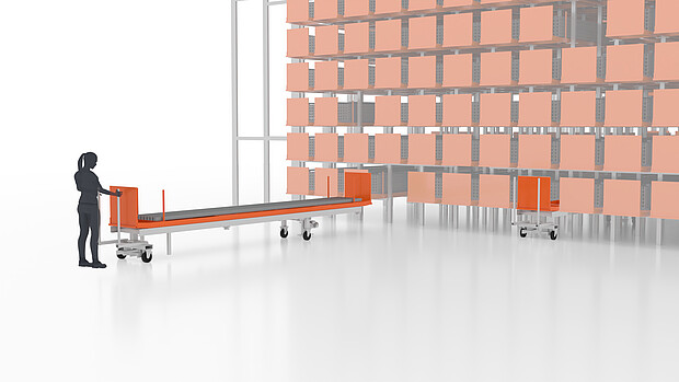 Long goods magazine with roller conveyor for storage of steel bars