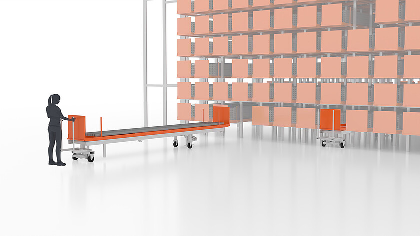 Long goods magazine with roller conveyor for storage of steel bars
