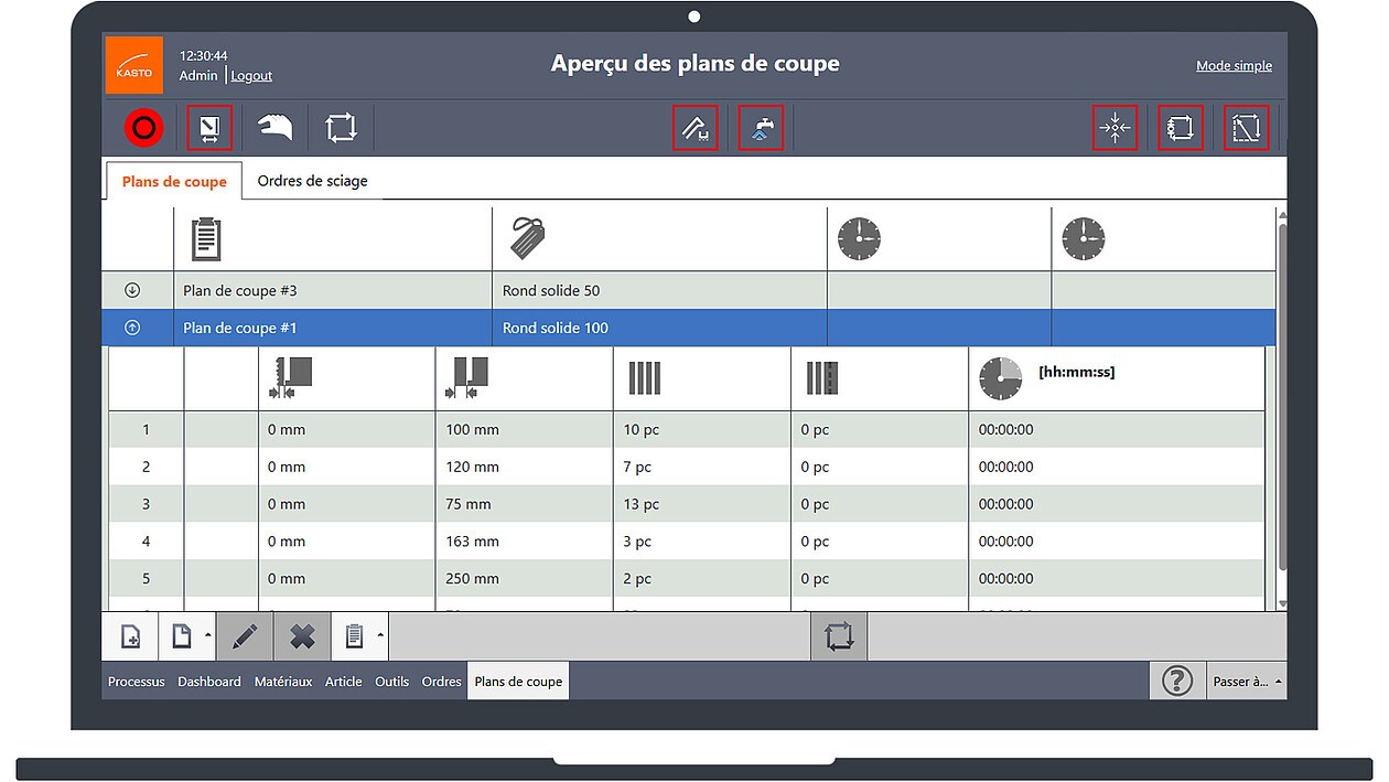La commande KASTO ProControl Aperçu du plan de coupe