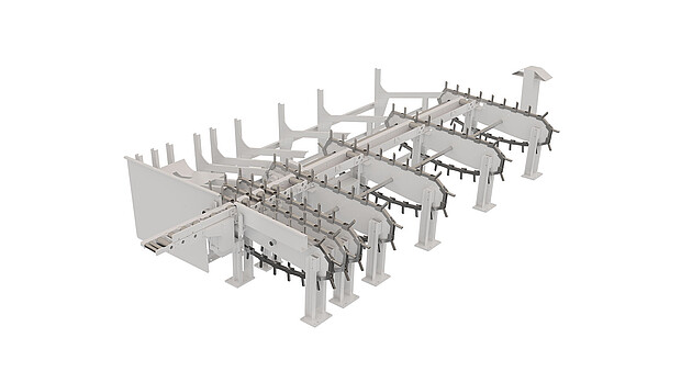 Tragende Langgliederrollenkette ermöglicht einen materialschonenden Quertransport mit minimalem Kraftaufwand – ideal für gemischte Materialbestände.