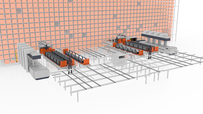 KASTO material flow system with sawing machine and roller conveyors