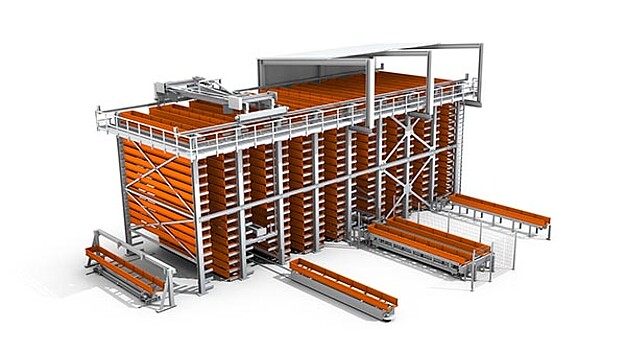 KASTO UNITOP – le magasin de barres surélevé commandé par ordinateur pour une utilisation maximale de l’espace, une grande densité de stockage et un accès rapide aux matériaux de 3 à 14 m de longueur.