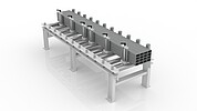 Roller conveyor with stop system for positioning steel bars
