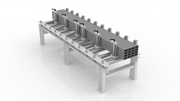 Roller conveyor with stop system for positioning steel bars