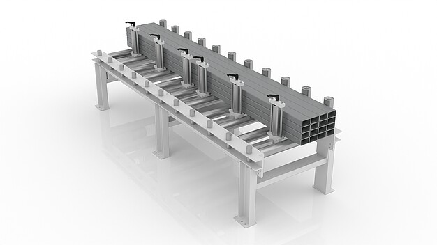 Roller conveyor with stop system for positioning steel bars