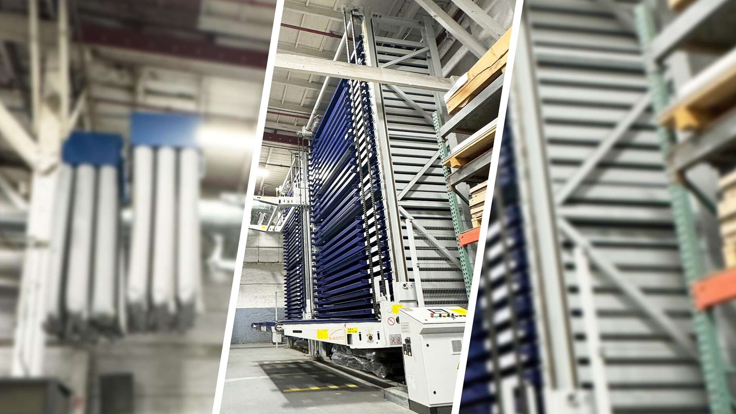 Automatisches Hochregallager für Blechtafeln mit vertikalem Transportsystem