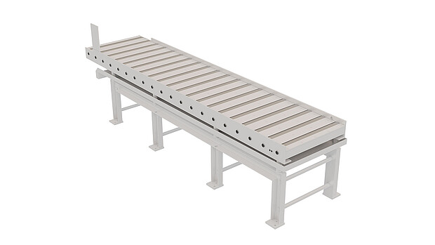 Powered roller conveyors with adjustable speed (0–15 m/min) automatically synchronise with the feed gripper – ideal for automated sawing lines.