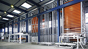 UNILINE sheet storage – building-supporting or standalone construction, flexible system pallets for various storage formats, and fully automatic handling.