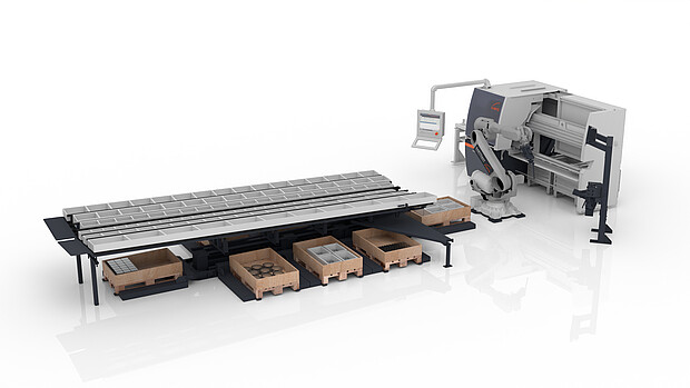 KASTOsort carousel with saw, robot and container system for the automated sorting of cut pieces