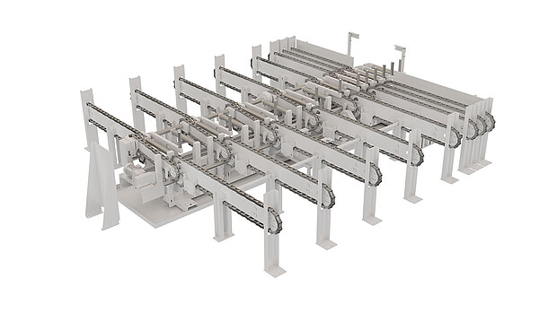 Elektromotorisch heb- und senkbare Kettenstränge unterstützen die materialschonende Übergabe auf die Magazinrollenbahn – ohne Beschränkung des Vorlagergewichts.