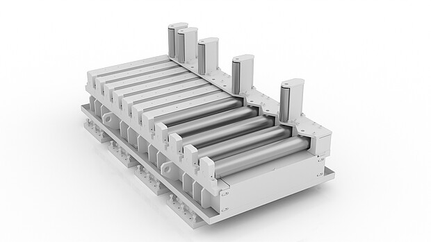 Roller conveyor module with side guides for steel bars and profiles