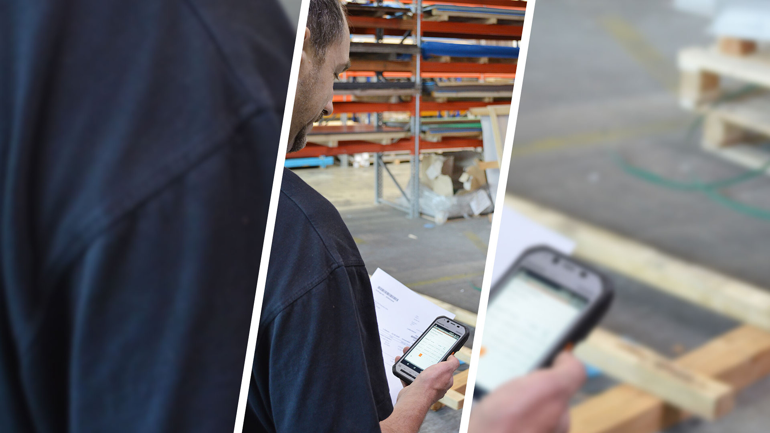 Mitarbeiter scannt Materialdaten im Stahlhandel mit mobilem Gerät