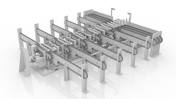 Automatisiertes Rollenbahnsystem für den Transport von Stabstahl
