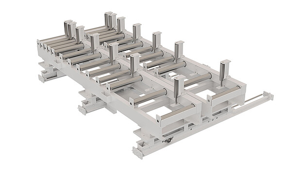Zwei Rollenbahnen arbeiten parallel: Während Rollenbahn 1 sägt, bereitet Rollenbahn 2 bereits das nächste Material vor – ideal für automatisierte Abläufe.