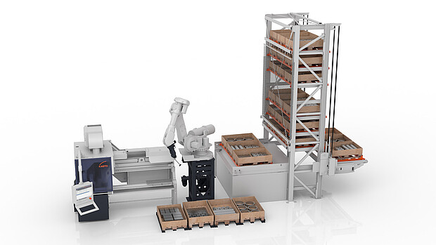 KASTOsort tower with robot on a platform for improved accessibility and additional pallet spaces in confined areas