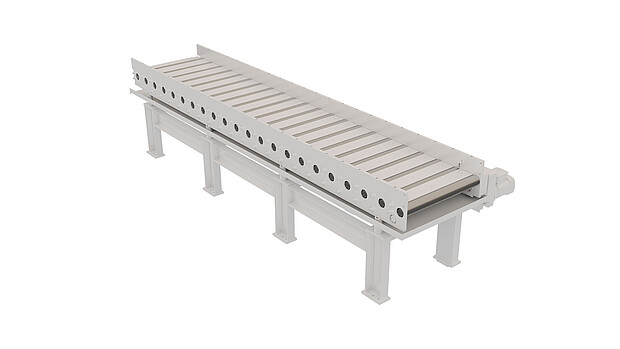 Powered roller conveyors with adjustable speed (0–15 m/min) automatically synchronise with the feed gripper – ideal for automated sawing lines.